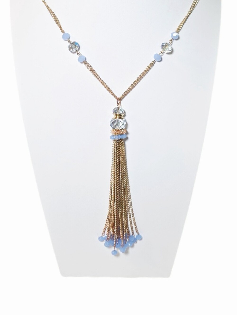 Gold Tassel Pendant Necklace with Periwinkle Blue Beads
